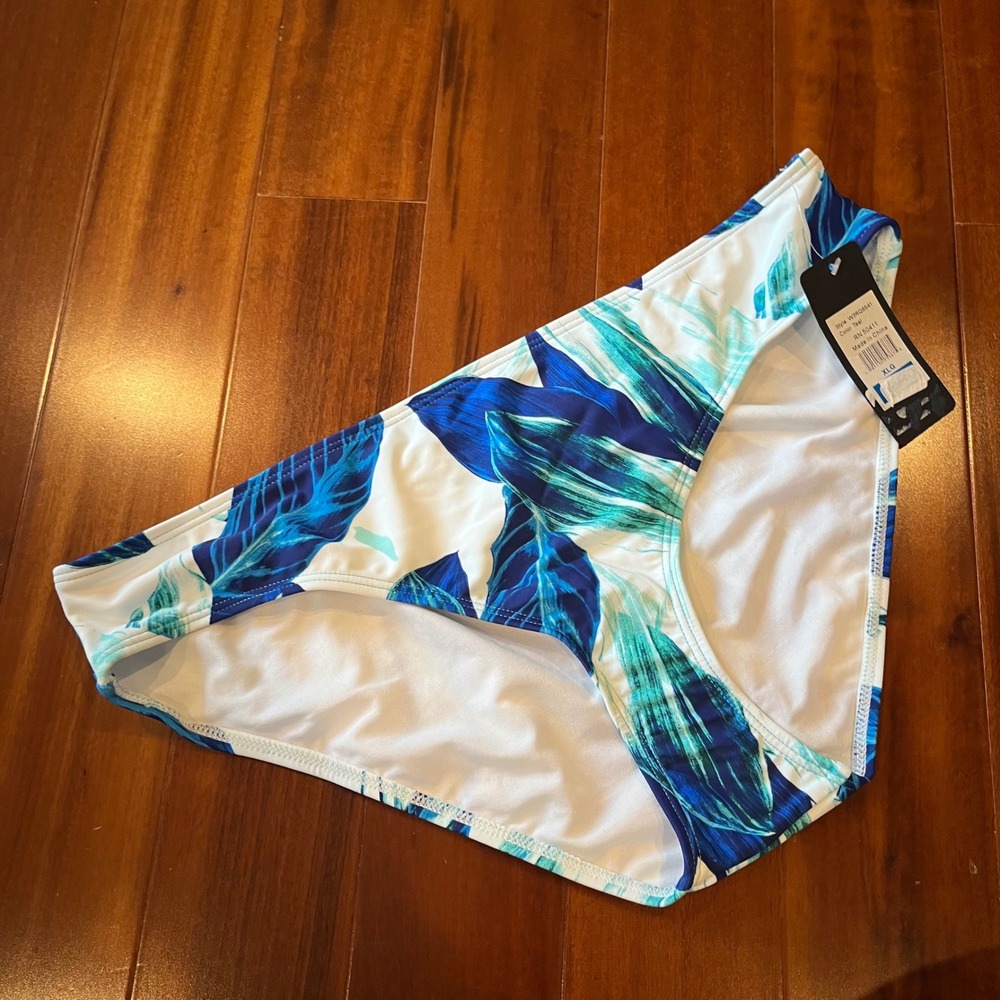 Blue White Bikini Bottom Rachel Roy Swim‎ Tropical Leaf Print Teal New Size XL